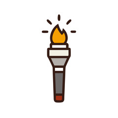 Vector art of a stylized, flat design illustration of a torch with a bright orange flame and radiating lines, isolated on a