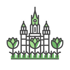 Vector art of stylized illustration of a castle or government building with tulips and a fence