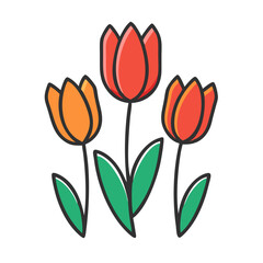 Vector art of a simple and charming illustration of three tulips, two red and one orange, with green leaves, isolated on a, representing spring and floral beauty
