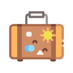 Vector art of a cartoon illustration of a brown suitcase with a yellow sun and blue shapes on it, representing travel and vacation