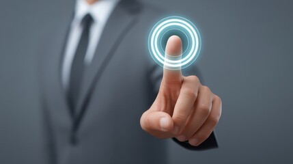 Businessman in Suit Touching Virtual Button with Digital Interface in Modern Office Environment for Technology and Business Concept