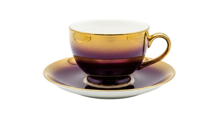 Isolated teacup with saucer, gold and dark purple color, vintage style for drink and tea time