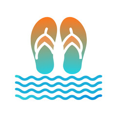 Vector art of a pair of colorful flipflops with a gradient from orange to teal, resting on a wavy blue water line