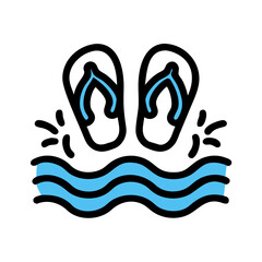 Vector art of a pair of flipflops floating on wavy blue water with splashes, symbolizing summer vacation and relaxation