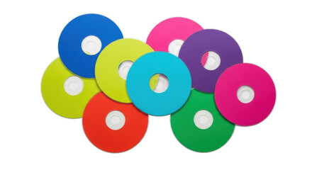 Isolated CDs assortment on heap bright colorful technology discs collection data archive