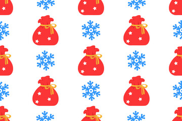 Santa bag and snowflakes on a white background. Seamless pattern under clipping mask, convenient for editing. Festive background for paper, cover, textile, gift wrap.