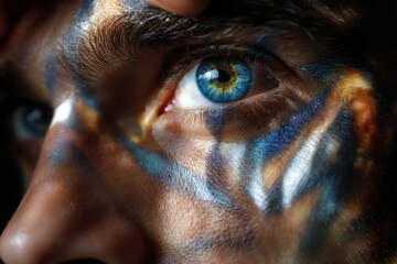 Intricate face paint highlights vibrant blue eye in close-up por