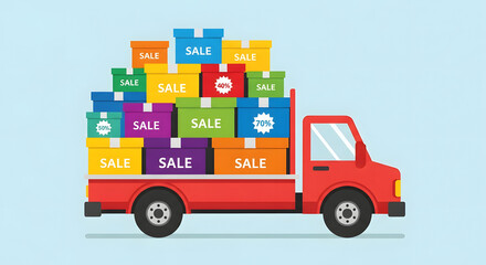 Fototapeta premium A red delivery truck carrying a pile of colorful boxes with sale signs, a vector illustration for online shopping and fast shipping