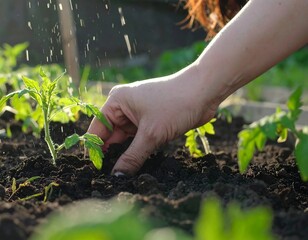 Woman's hand planting tomato seedlings in garden bed