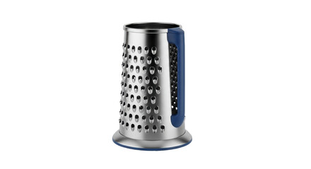 Isolated stainless steel box grater with blue handle stands, kitchen utensil photography