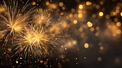 Fototapeta premium Vibrant golden fireworks on a dark luxury background with glowing sparks and festive bokeh, perfect for New Year celebrations, party posters, and holiday marketing designs