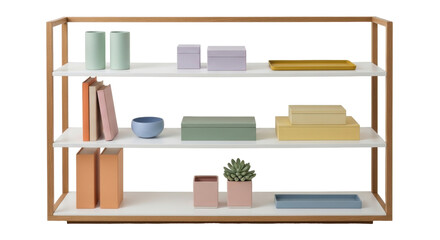 Fototapeta premium Isolated Scandinavian bookcase with shelves, modern home decor, contemporary style furniture