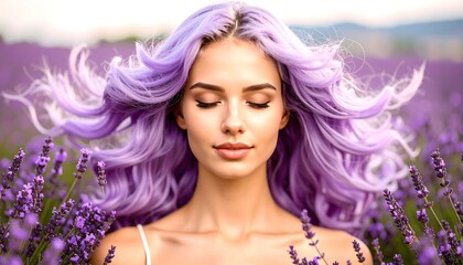 Naklejka premium Woman with vibrant purple hair in lavender field