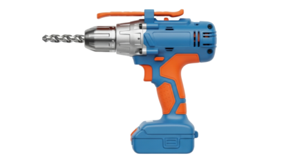 Isolated blue orange power drill with drill bit, cordless electric tool for woodworking project