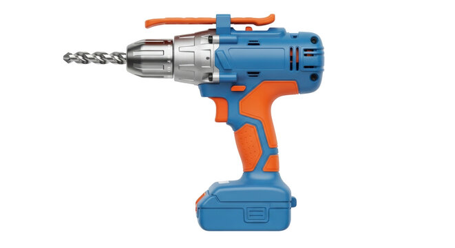 Isolated blue orange power drill with drill bit, cordless electric tool for woodworking project