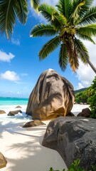 Tropical beach scene with granite rock