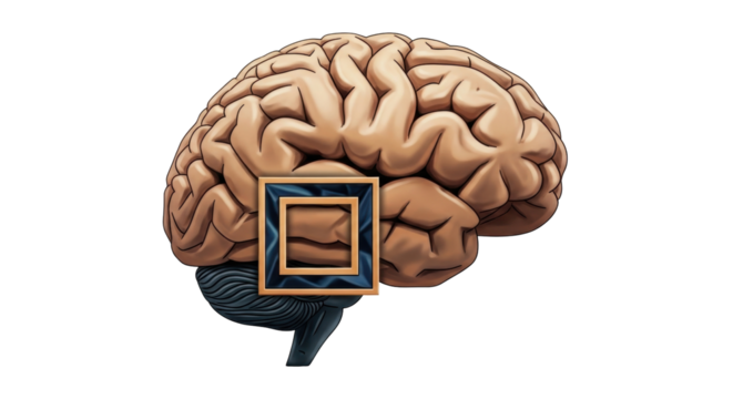 Isolated brain with square frame, cerebral cortex, human anatomy, thinking, intelligence