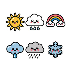 Adorable weather forecast icons pack with sunshine clouds raindrops and snowflake