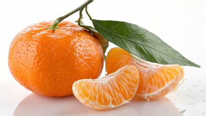 Minneola and Minneola slice with leaves in white background