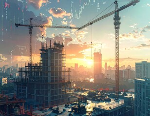 Construction site in an urban setting with cranes and financial data visualizations