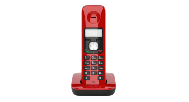 Isolated Red Wireless Cordless Home Telephone Phone on Charger Base for Communication