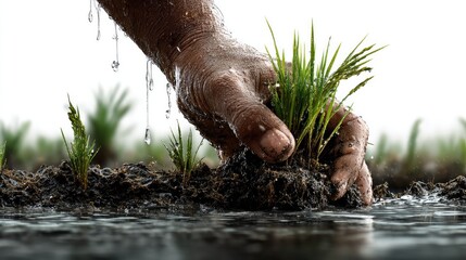 Cultivation Close-Up: Farmer plants rice seedling with care in flooded paddy field, close-up with water droplets symbolizing new beginnings.