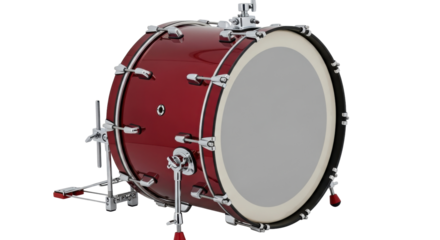 Isolated red bass drum with pedal for drummers playing live music for recording studios