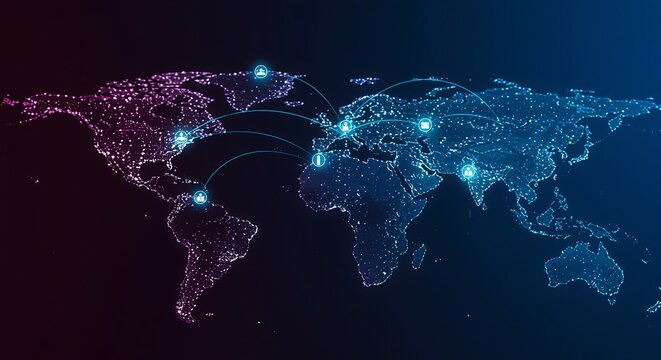 Digital world map illustration with connections and glowing nodes