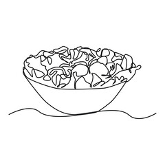 Continuous one line art of fresh healthy vegetables salad logo vector graphic illustration. Organic food cafe menu and restaurant badge concept. 
