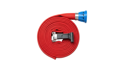 Isolated fire hose tightly coiled, with couplings and a blue fire-fighting nozzle attached.