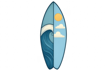 Surfboard showing ocean wave and blue sky sunny clouds