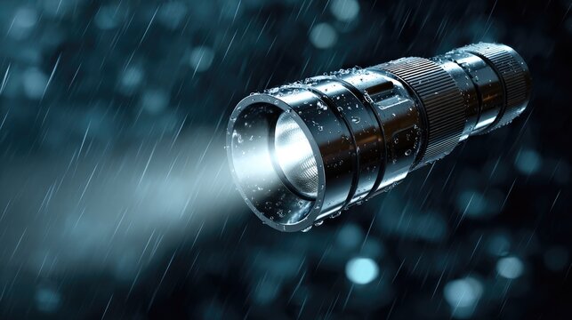 Illuminating the Dark: A close-up shot of a powerful flashlight beams through the pouring rain, showcasing the resilience and strength of its brilliant light.