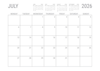 July Calendar 2026 Monthly Planner Printable A4 Monday Start	