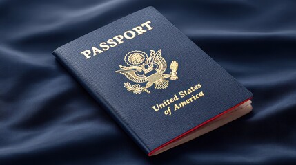 Blue passport with United States of America emblem resting on a textured fabric background, symbolizing travel, identity, and international exploration opportunities