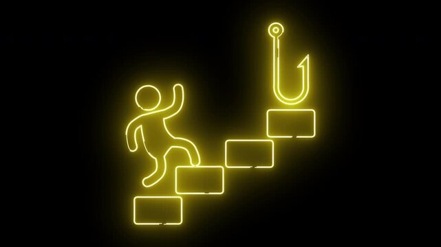 A yellow neon figure climbs stairs toward a fishhook The background is black