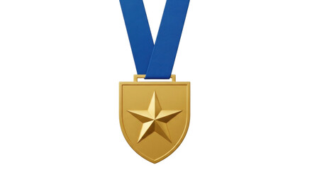 Isolated Golden Shield Medal with Star, Award on Blue Ribbon for Achievement and Success
