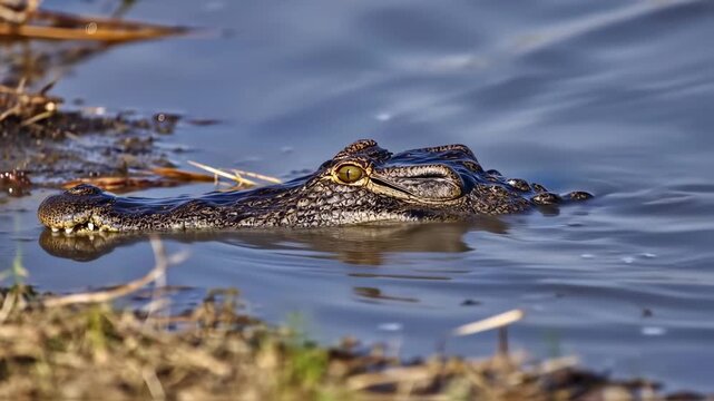 A reptile's head with piercing yellow eye, emerging from tranquil water, revealing scales and sharp teeth