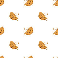 Chocolate chip cookies simple seamless pattern with bitten cookies on white background. Vector hand drawn illustration for packaging design, wrapping paper, cafe menu, textile prints