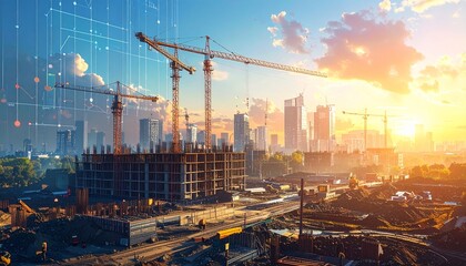 Construction site in an urban setting with cranes and financial data visualizations