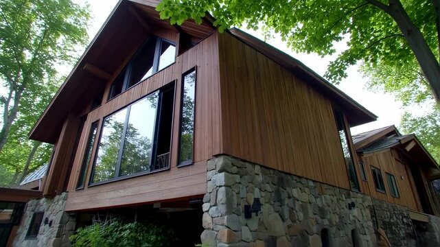 Modern, wooden house with large windows, stone base, and angled roof under a canopy of green leaves
