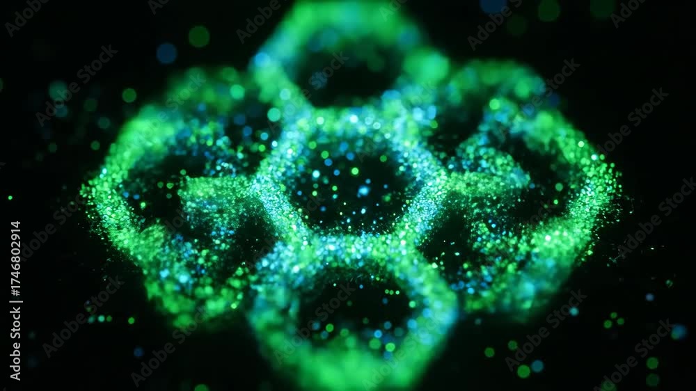 Wall mural microscopic slow motion capture of glowing particles dynamically arranging into a complex hexagonal 