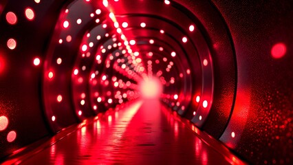 A vibrant, illuminated tunnel of red lights leads towards a bright focal point, creating a sense of depth and intrigue.