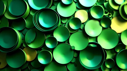 A vibrant arrangement of green circular shapes, creating a visually striking pattern with varying sizes and shades.