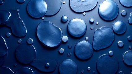 A close-up of textured blue shapes resembling droplets or bubbles on a dark background, creating a visually striking abstract pattern.