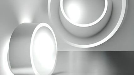 A minimalist design featuring illuminated circular shapes against a smooth, reflective surface, creating a modern aesthetic.