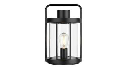 Isolated black metal lantern with cylindrical clear glass and Edison light bulb indoor