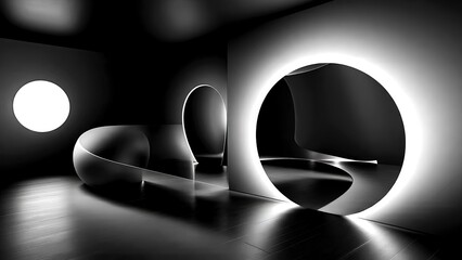 A modern, minimalist interior featuring curved shapes and dramatic lighting, creating a striking contrast in black and white.