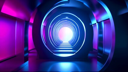 A futuristic tunnel with vibrant blue and purple lighting, leading towards a bright light at the end, creating an immersive visual experience.