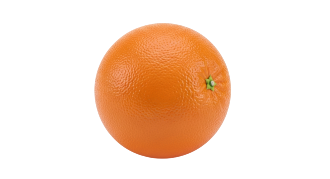 Isolated orange with textured rind and stem still attached, fresh and whole fruit