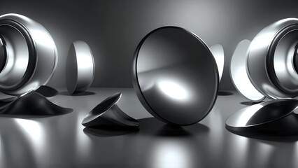 A collection of shiny, reflective metallic shapes arranged artistically on a smooth surface, casting soft shadows in a minimalist setting.